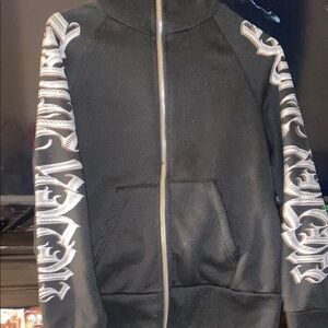 Black Zip-Up Hoodie with White Graphic Sleeves